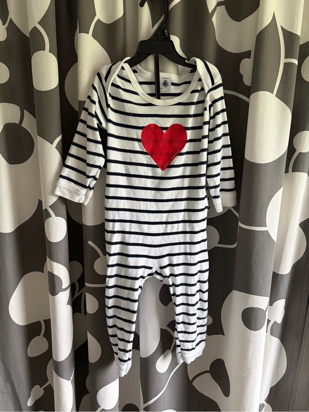 Petit Bateau Navy & White Striped Baby Romper with Red Heart
